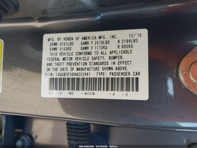 44883288 :رقم المزاد ، 19UUB3F56HA002441 vin ، 2017 Acura Tlx Technology Package مزاد بيع
