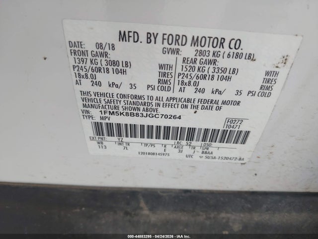 44883295 :رقم المزاد ، 1FM5K8B83JGC70264 vin ، 2018 Ford Explorer مزاد بيع