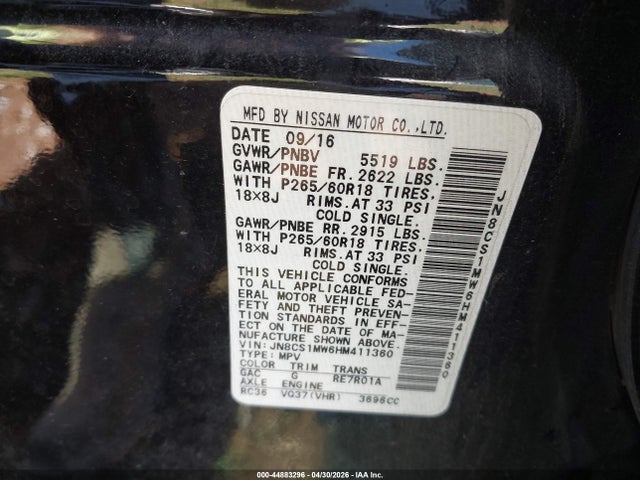 Aukcja sprzedaży 2017 Infiniti Qx70, vin: JN8CS1MW6HM411360, numer aukcji: 44883296