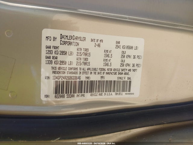 Продаж на аукціоні авто 2006 Dodge Grand Caravan Se, vin: 1D4GP24R26B633646, номер лоту: 44883320
