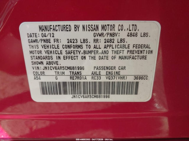 Продаж на аукціоні авто 2012 Infiniti G37x, vin: JN1CV6AR5CM681996, номер лоту: 44883383