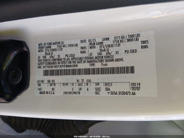 Продажа на аукционе авто 2015 Ford F-150 Lariat, vin: 1FTEW1EFXFFB66359, номер лота: 44883401