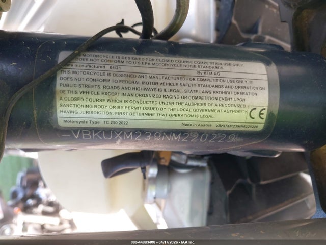 Aukcja sprzedaży 2022 Husqvarna Tc250, vin: VBKUXM239NM220229, numer aukcji: 44883408
