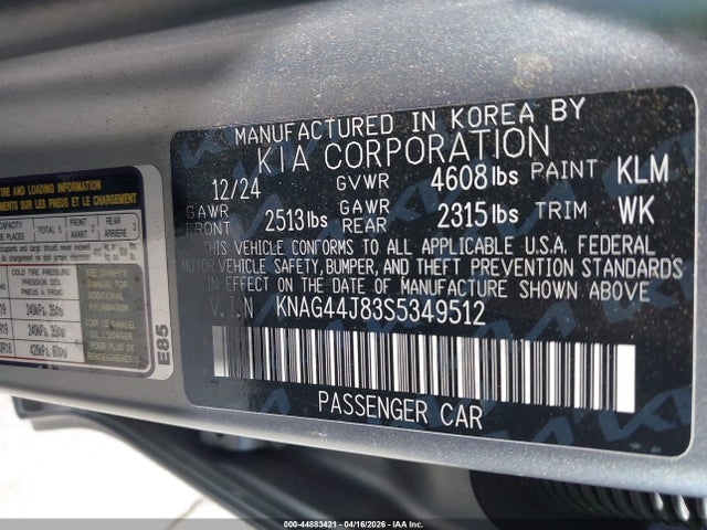 Aukcja sprzedaży 2025 Kia K5 Gt, vin: KNAG44J83S5349512, numer aukcji: 44883421