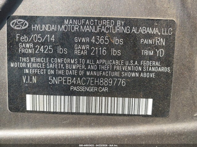44883423 :رقم المزاد ، 5NPEB4AC7EH889776 vin ، 2014 Hyundai Sonata Gls مزاد بيع