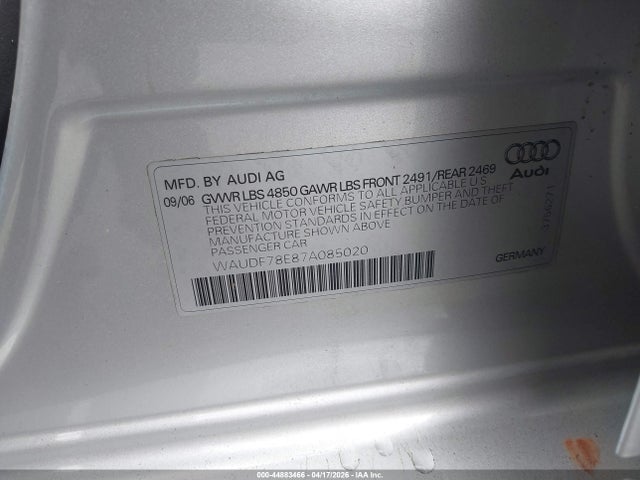 Продажа на аукционе авто 2007 Audi A4 2.0t, vin: WAUDF78E87A085020, номер лота: 44883466