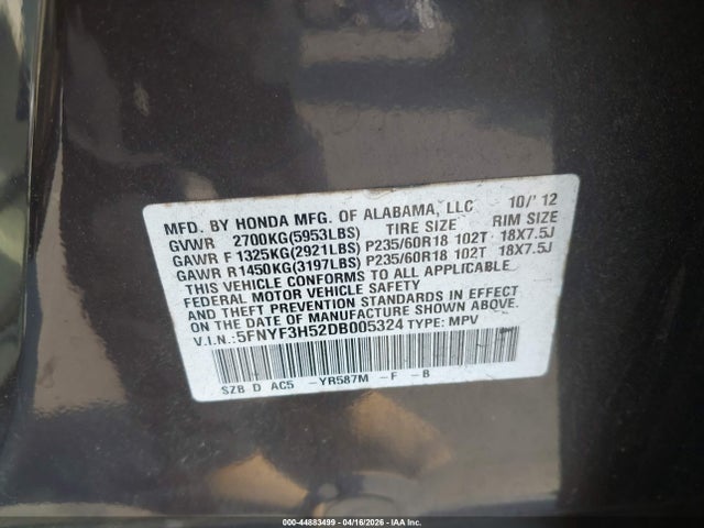 Продаж на аукціоні авто 2013 Honda Pilot Ex-l, vin: 5FNYF3H52DB005324, номер лоту: 44883499