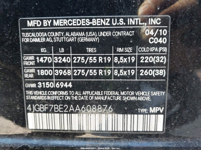44883501 :رقم المزاد ، 4JGBF7BE2AA608876 vin ، 2010 Mercedes-benz Gl 450 4matic مزاد بيع