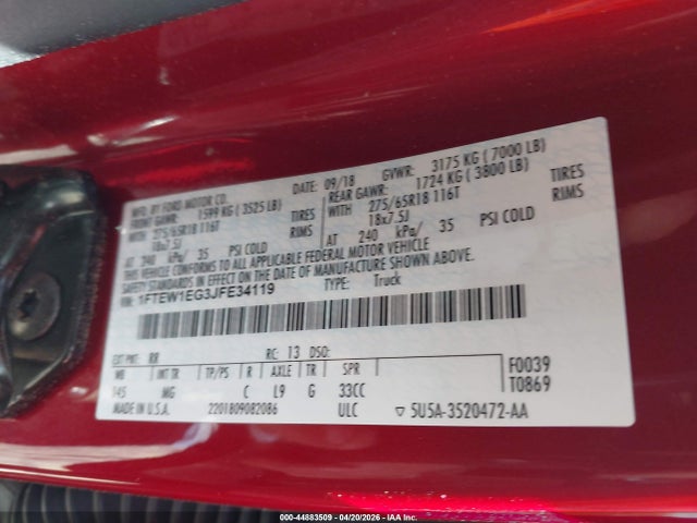 Aukcja sprzedaży 2018 Ford F-150 Xlt, vin: 1FTEW1EG3JFE34119, numer aukcji: 44883509
