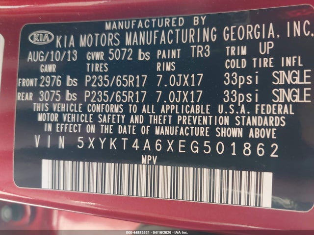 44883521 :رقم المزاد ، 5XYKT4A6XEG501862 vin ، 2014 Kia Sorento Lx مزاد بيع
