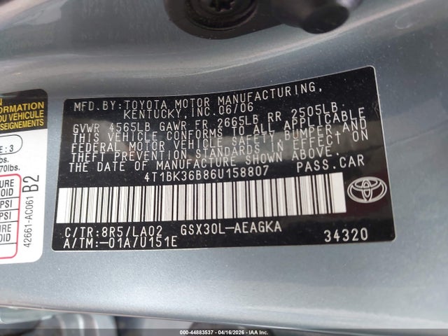44883537 :رقم المزاد ، 4T1BK36B86U158807 vin ، 2006 Toyota Avalon Xls مزاد بيع