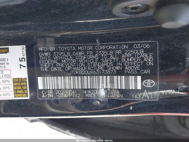 44883578 :رقم المزاد ، JTDKB20UX63173873 vin ، 2006 Toyota Prius مزاد بيع