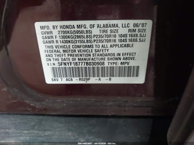 2007 HONDA PILOT 5FNYF18777B030908 Photo 8