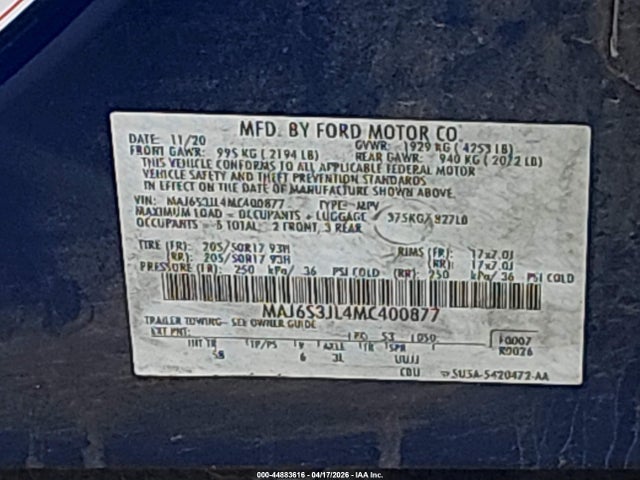 Aukcja sprzedaży 2021 Ford Ecosport Ses, vin: MAJ6S3JL4MC400877, numer aukcji: 44883616