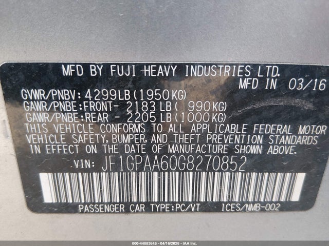 Aukcja sprzedaży 2016 Subaru Impreza 2.0i, vin: JF1GPAA60G8270852, numer aukcji: 44883646