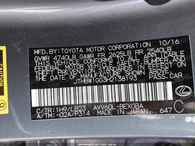 Продаж на аукціоні авто 2017 Lexus Es 300h, vin: JTHBW1GG3H2138193, номер лоту: 44883676
