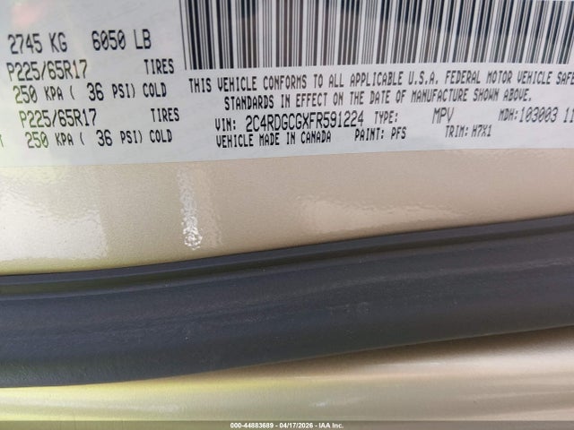 2015 Dodge Grand Caravan Sxt მანქანა იყიდება აუქციონზე, vin: 2C4RDGCGXFR591224, აუქციონის ნომერი: 44883689
