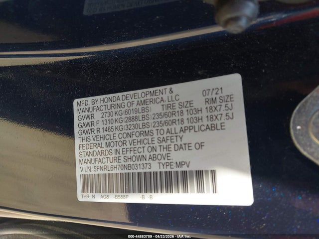 Продаж на аукціоні авто 2022 Honda Odyssey Ex-l, vin: 5FNRL6H70NB031373, номер лоту: 44883709