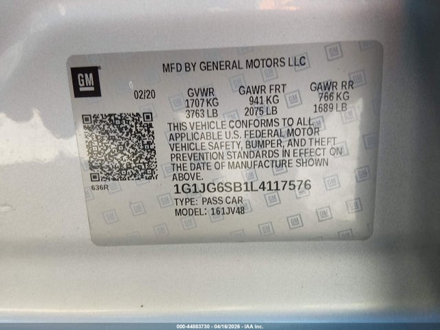 2020 Chevrolet Sonic Fwd  1fl 5-door მანქანა იყიდება აუქციონზე, vin: 1G1JG6SB1L4117576, აუქციონის ნომერი: 44883730