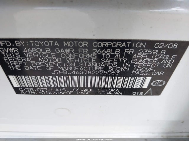 Aukcja sprzedaży 2008 Lexus Es 350, vin: JTHBJ46G782225063, numer aukcji: 44883739
