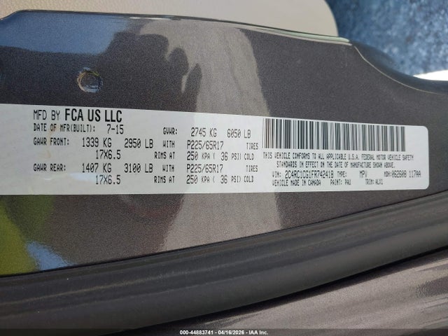 Aukcja sprzedaży 2015 Chrysler Town & Country Touring-l, vin: 2C4RC1CG1FR742418, numer aukcji: 44883741