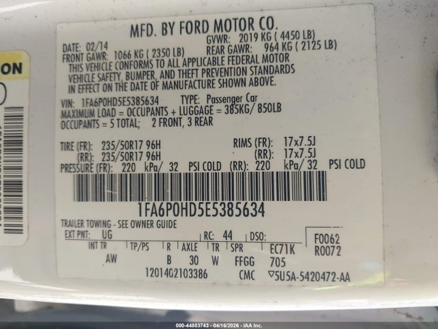 Продажа на аукционе авто 2014 Ford Fusion Se, vin: 1FA6P0HD5E5385634, номер лота: 44883743