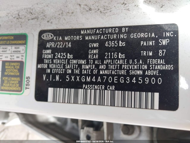 5XXGM4A70EG345900 KIA Optima Lx