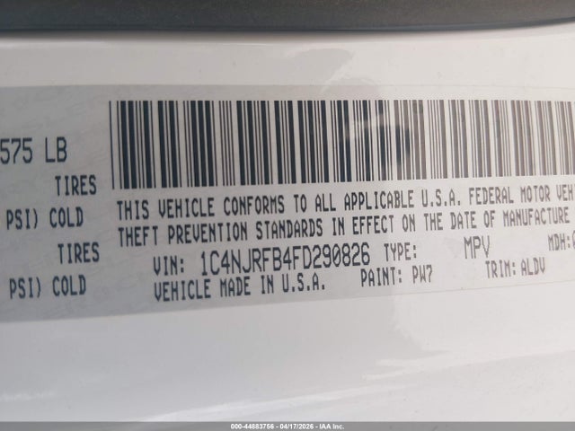 2015 Jeep Patriot High Altitude Edition მანქანა იყიდება აუქციონზე, vin: 1C4NJRFB4FD290826, აუქციონის ნომერი: 44883756