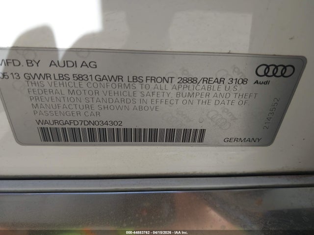 Продаж на аукціоні авто 2013 Audi A8 L 3.0t, vin: WAURGAFD7DN034302, номер лоту: 44883762