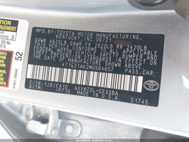 4T1G31AK2MU564657 Toyota Camry Se Hybrid