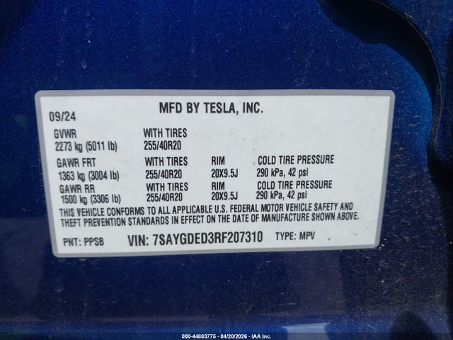 2024 Tesla Model Y Long Range Single Motor Rear-wheel Drive/rwd მანქანა იყიდება აუქციონზე, vin: 7SAYGDED3RF207310, აუქციონის ნომერი: 44883775