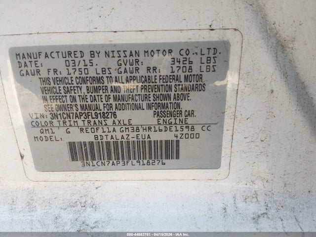 2015 Nissan Versa 1.6 S+ მანქანა იყიდება აუქციონზე, vin: 3N1CN7AP3FL918276, აუქციონის ნომერი: 44883781