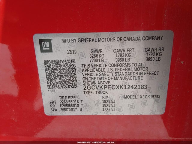 Aukcja sprzedaży 2019 Chevrolet Silverado 1500 Ld Lt, vin: 2GCVKPECXK1242183, numer aukcji: 44883787