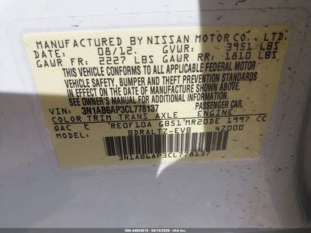 44883815 :رقم المزاد ، 3N1AB6AP3CL778137 vin ، 2012 Nissan Sentra 2.0 S مزاد بيع
