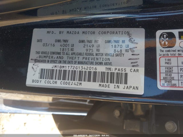 Aukcja sprzedaży 2016 Mazda Mazda3, vin: JM1BM1T72G1342016, numer aukcji: 44883819