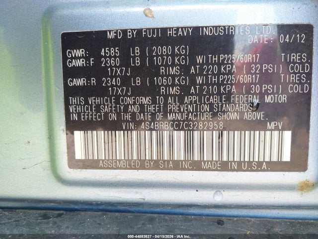 Продажа на аукционе авто 2012 Subaru Outback 2.5i Premium, vin: 4S4BRBCC7C3282958, номер лота: 44883827