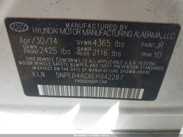 2014 Hyundai Sonata Gls მანქანა იყიდება აუქციონზე, vin: 5NPEB4AC6EH942287, აუქციონის ნომერი: 44883833