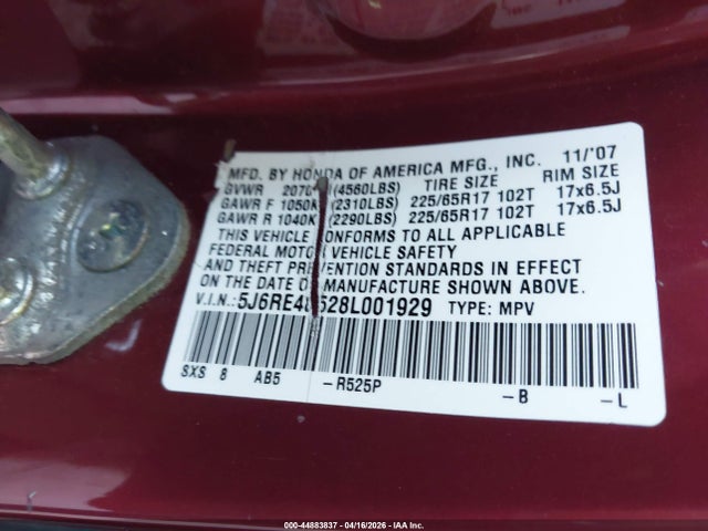 Продаж на аукціоні авто 2008 Honda Cr-v Ex, vin: 5J6RE48528L001929, номер лоту: 44883837