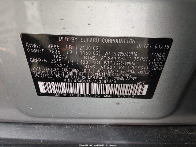 Aukcja sprzedaży 2018 Subaru Outback 2.5i Limited, vin: 4S4BSANC7J3296299, numer aukcji: 44883843