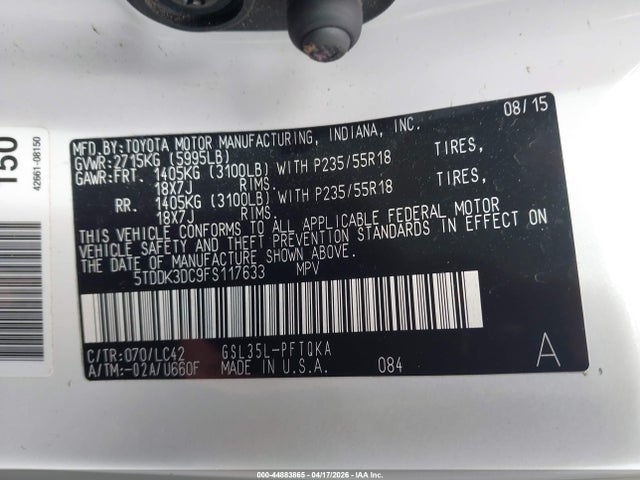 2015 Toyota Sienna Xle Premium 7 Passenger მანქანა იყიდება აუქციონზე, vin: 5TDDK3DC9FS117633, აუქციონის ნომერი: 44883865