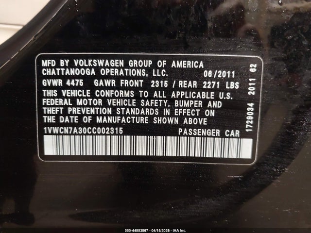44883867 :رقم المزاد ، 1VWCN7A30CC002315 vin ، 2012 Volkswagen Passat 2.0l Tdi Sel Premium مزاد بيع