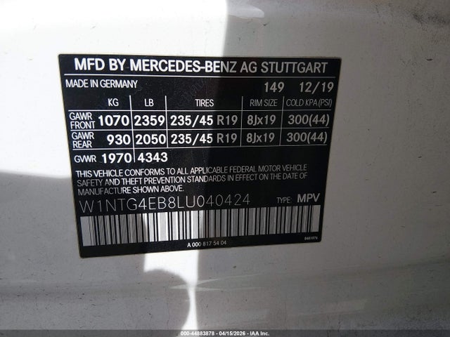 Продаж на аукціоні авто 2020 Mercedes-benz Gla 250, vin: W1NTG4EB8LU040424, номер лоту: 44883878