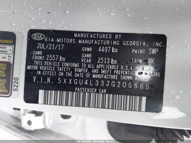 2018 Kia Optima Ex მანქანა იყიდება აუქციონზე, vin: 5XXGU4L33JG206686, აუქციონის ნომერი: 44883895