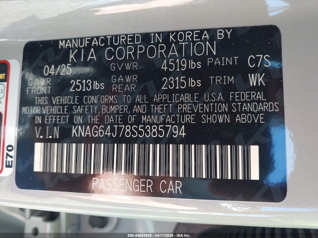 44883909 :رقم المزاد ، KNAG64J78S5385794 vin ، 2025 Kia K5 Gt-line مزاد بيع