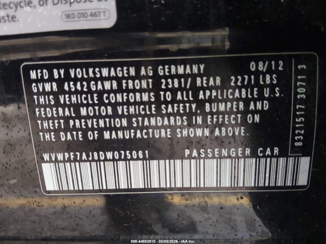 Продажа на аукционе авто 2013 Volkswagen Golf R 4-door, vin: WVWPF7AJ8DW075061, номер лота: 44883910