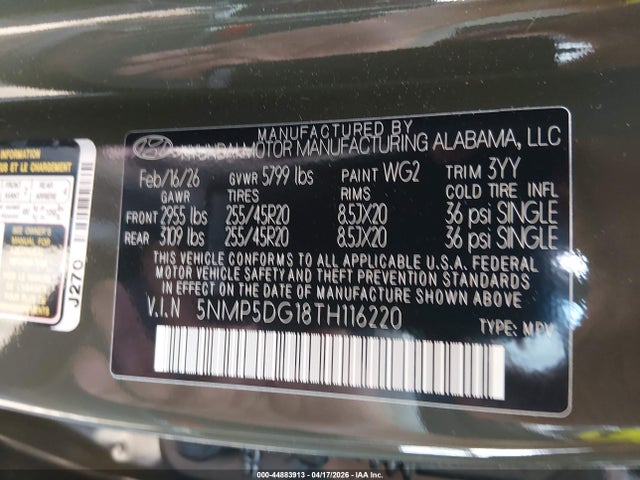 2026 Hyundai Santa Fe Hybrid Calligraphy მანქანა იყიდება აუქციონზე, vin: 5NMP5DG18TH116220, აუქციონის ნომერი: 44883913