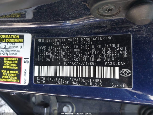 44883914 :رقم المزاد ، 4T1C11AK7NU713862 vin ، 2022 Toyota Camry Le مزاد بيع
