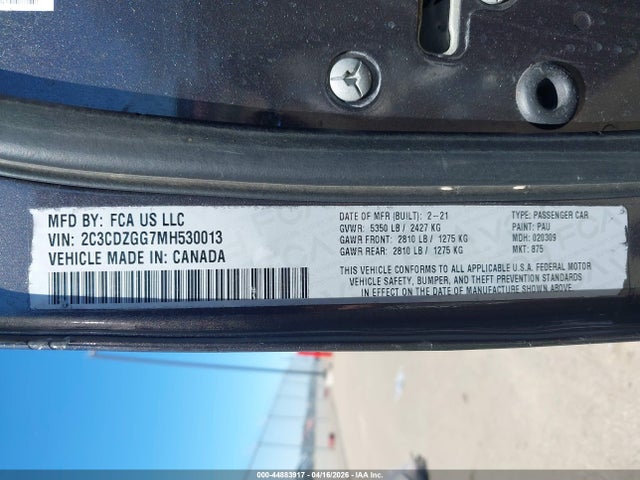 44883917 :رقم المزاد ، 2C3CDZGG7MH530013 vin ، 2021 Dodge Challenger Sxt Awd مزاد بيع