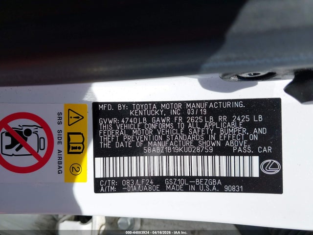 Продажа на аукционе авто 2019 Lexus Es 350 F Sport, vin: 58ABZ1B19KU028759, номер лота: 44883924