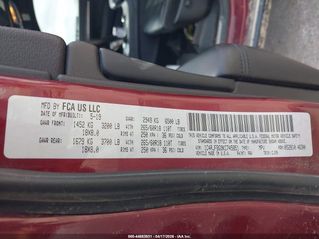44883931 :رقم المزاد ، 1C4RJFBG9KC745851 vin ، 2019 Jeep Grand Cherokee Limited 4x4 مزاد بيع
